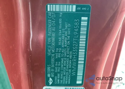 2007 Mini Cooper S z USA, uszkodzony, nr VIN WMWRH33527TL94583